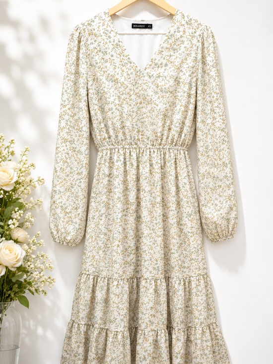 Mikarose Dresses & Skirts - Mikarose Cream Floral V‑Neck Long Sleeve Maxi Dress